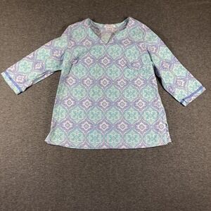 Croft And Barrow Top Tunic Womens XL Blue V Neck Geometric Pattern Preppy Resort